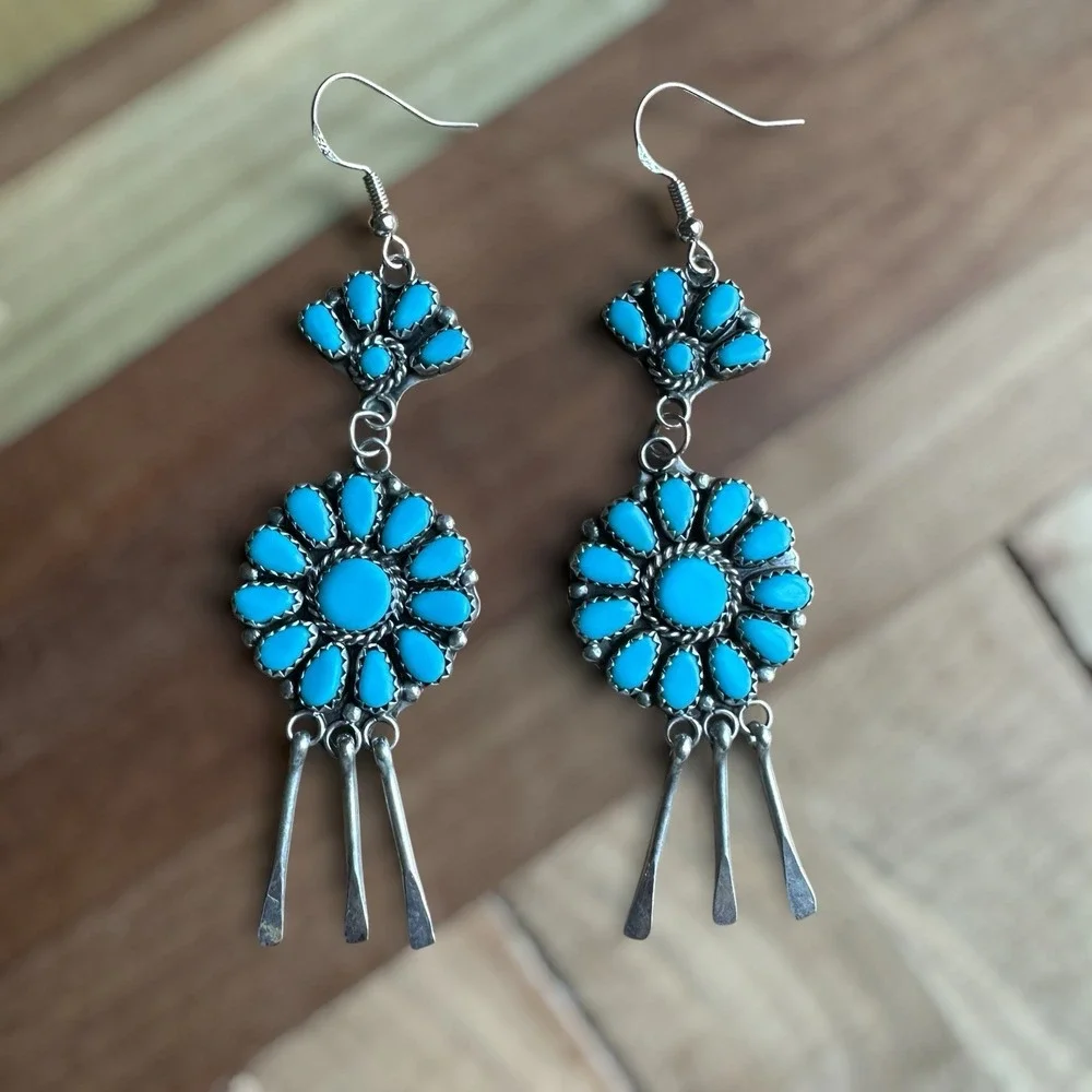 Vintage Zuni Hook Dangle Earrings 3.4 Inch Blue Turquoise 925 Sterling 12.5g